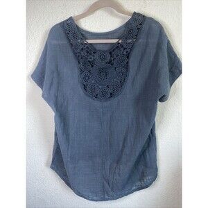 M Italy Linen Crochet Short Sleeve Shirt lagen cottage hippie S boho coast